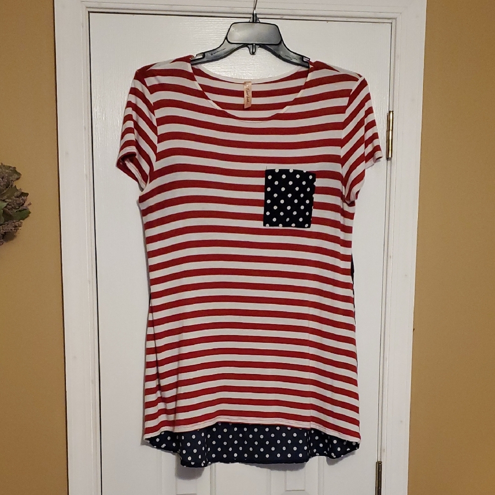 🌼First Looks Red and White Striped Tee with Navy Polka Dot Pocket